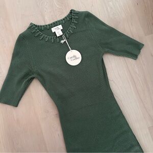 Camila Coelho green khaki olive ribbed knit midi dress 3/4th sleeve
